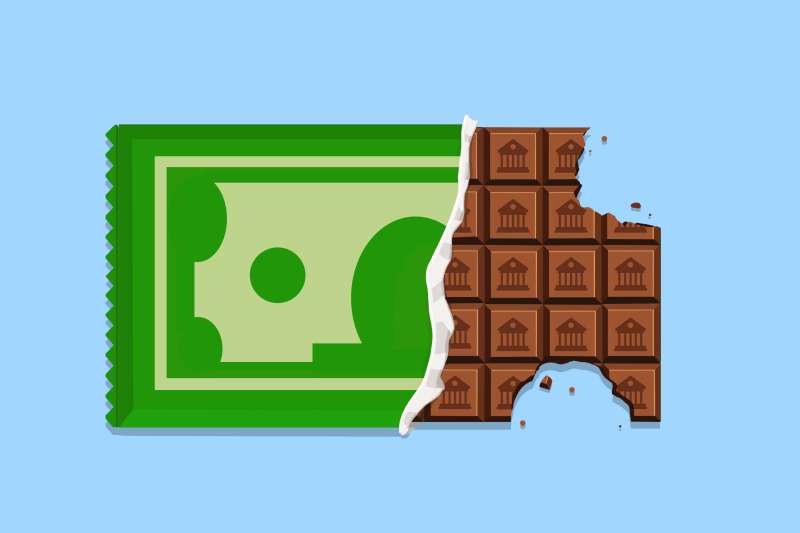 Illustration of an open chocolate bar with tiny college buildings on each square and a money wrapper, with two bite marks on the side