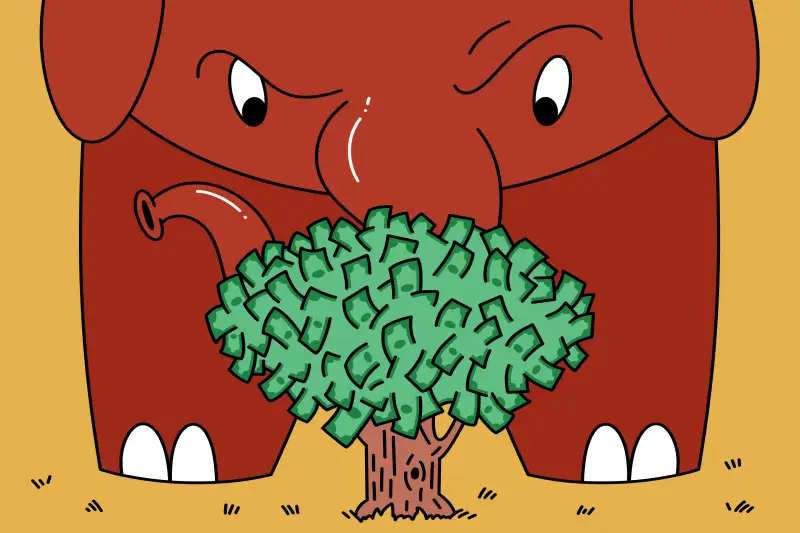 Illustration of an angry elephant looking down at a money tree