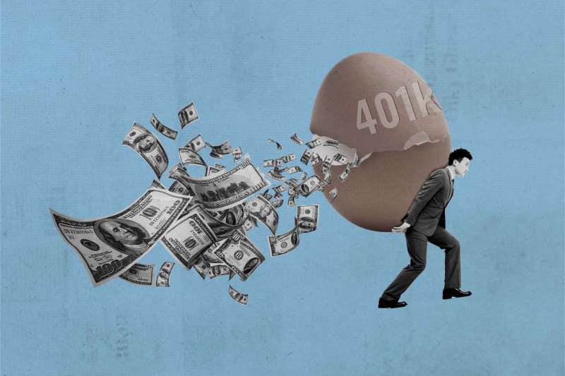 Business Man Holding Large Cracked Egg Labeled 401k With Cash Flying Out Of It