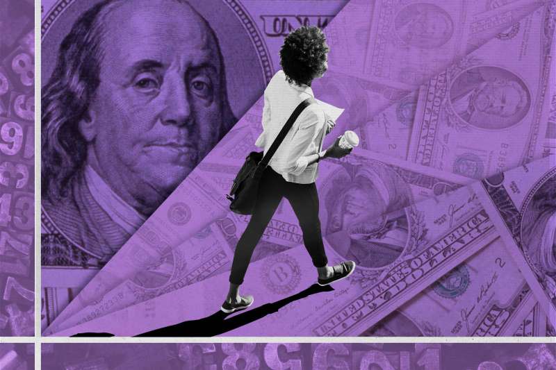Gen Z Woman Walking On Top OF Graph Made Out Of Cash