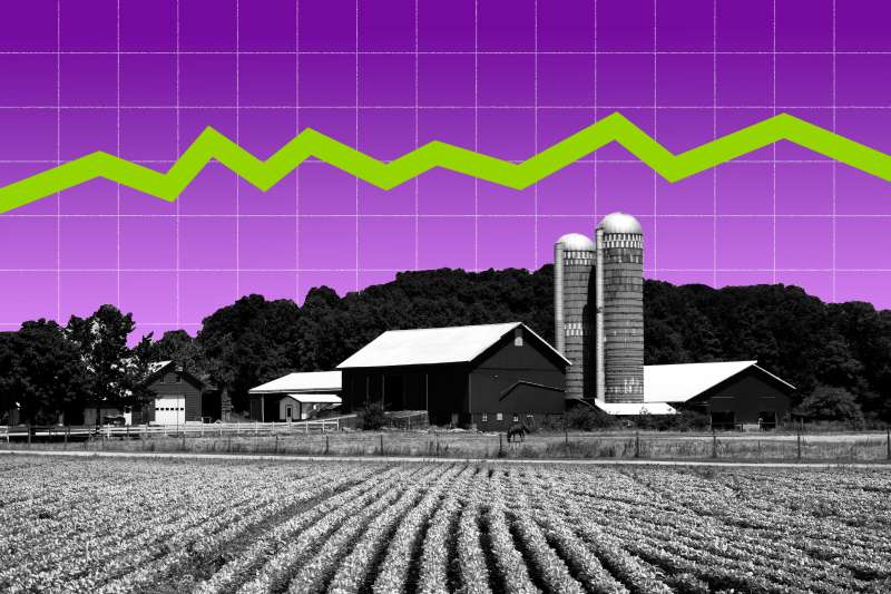 Photo Illustration of a farmland with a steady green stock arrow in the background
