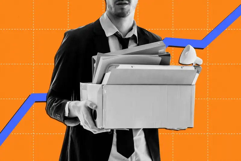 Photo Collage of a man holding a box with his desk belongings with a stock arrow in the background