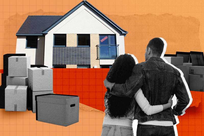 Collage of a couple looking at a house for sale with moving boxes in the background