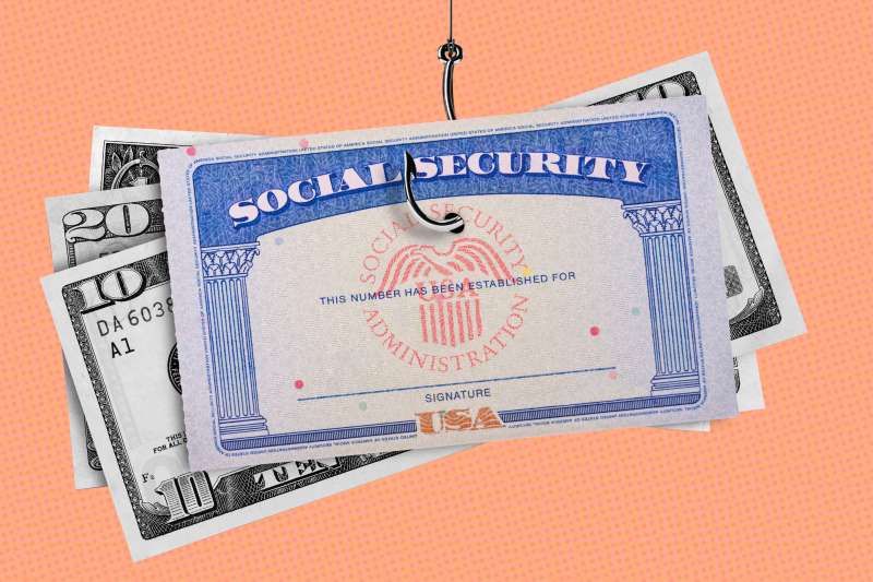 Photo Collage of a Social Security Card with some dollar bills being fished by a hook.