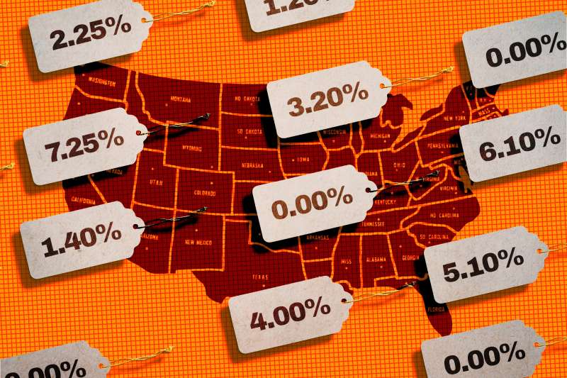 Photo Collage of a United States of America Map, with tags on top, presenting different Sale Tax percentages
