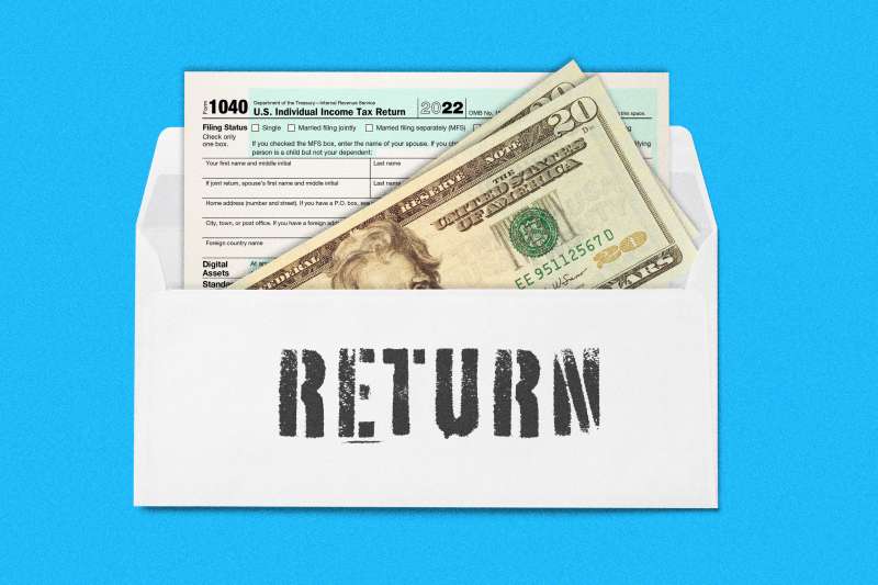 Photo Collage of an open envelope, marked  Return , containing two twenty dollar bills and a 104 tax form
