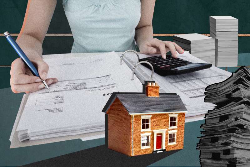 Collage of woman calculating her bills with tiny house infront