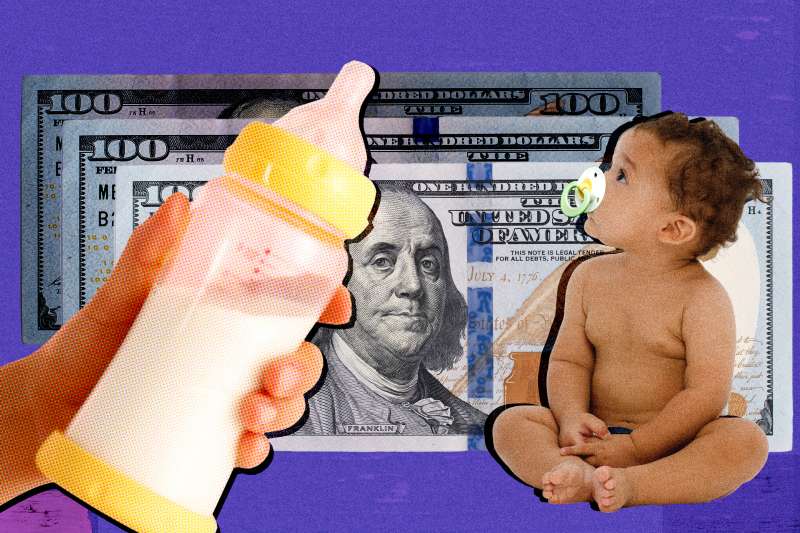 Collage of Baby, Baby bottle, and dollar