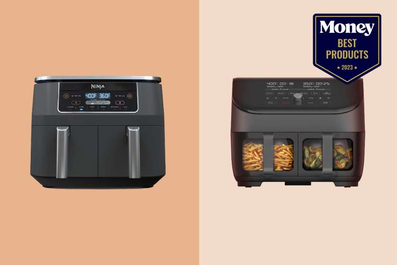two large air fryers on a two-tone peace background