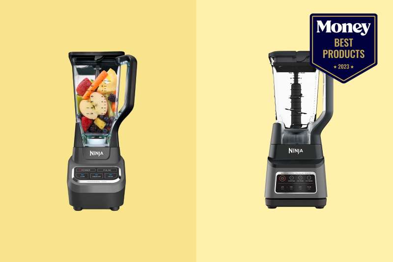 Different types of Ninja Blenders on a two-tone yellow back drop