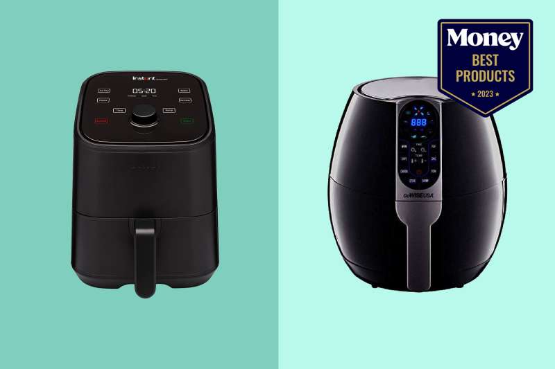 two small air fryers on a two-tone teal background