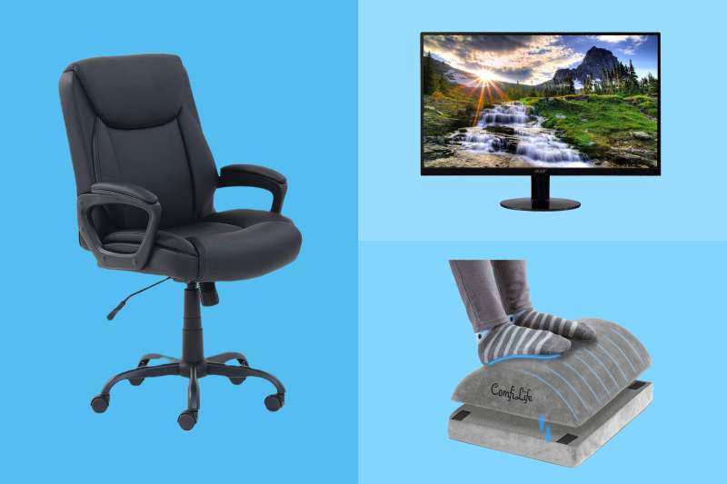 An office chair, computer monitor, and foot rest on a blue background