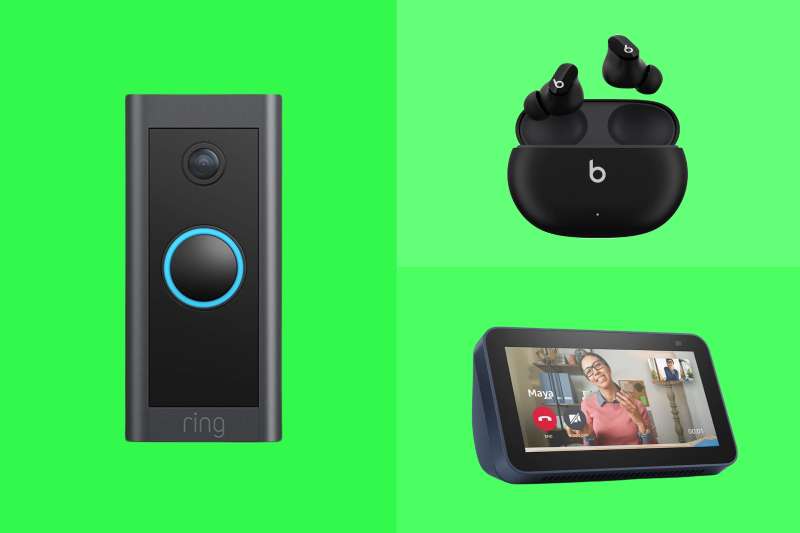 A Ring doorbell, Beats earbuds, and an Amazon Echo Show smart display on a green background