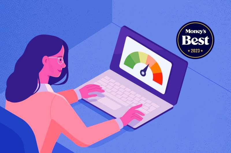 Illustration of a woman using a computer to check her credit score