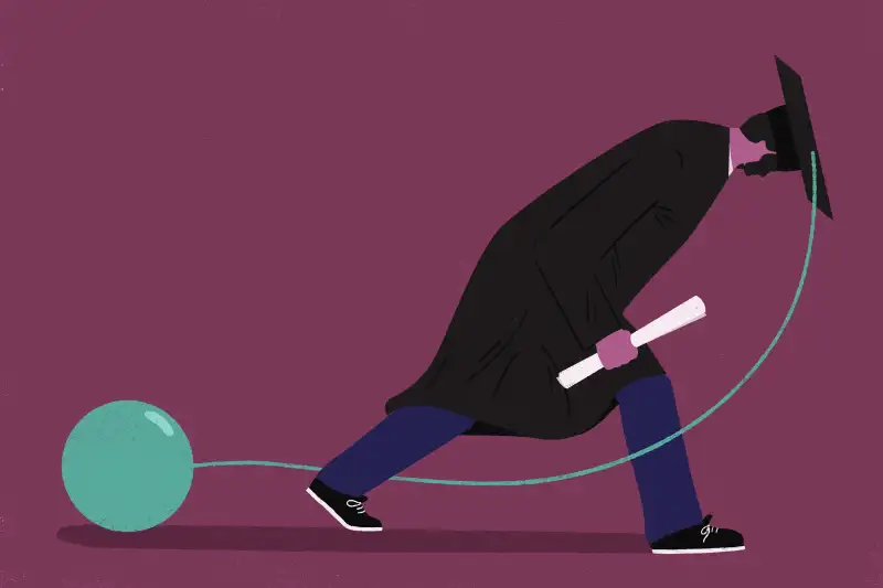 Illustration of a graduate student dragging a big weight attached to his cap