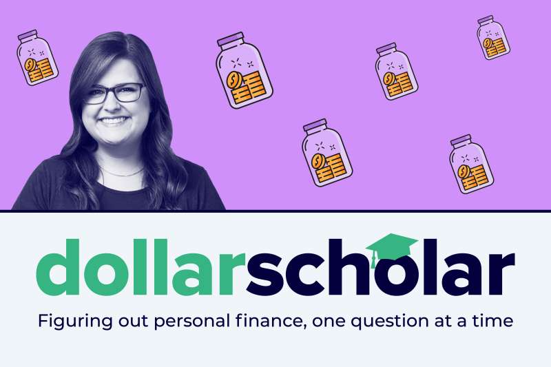 Dollar Scholar banner featuring a background of many jars full of coins