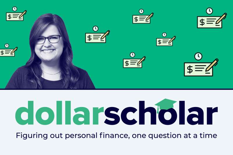 Dollar Scholar banner with personal checks with small clocks