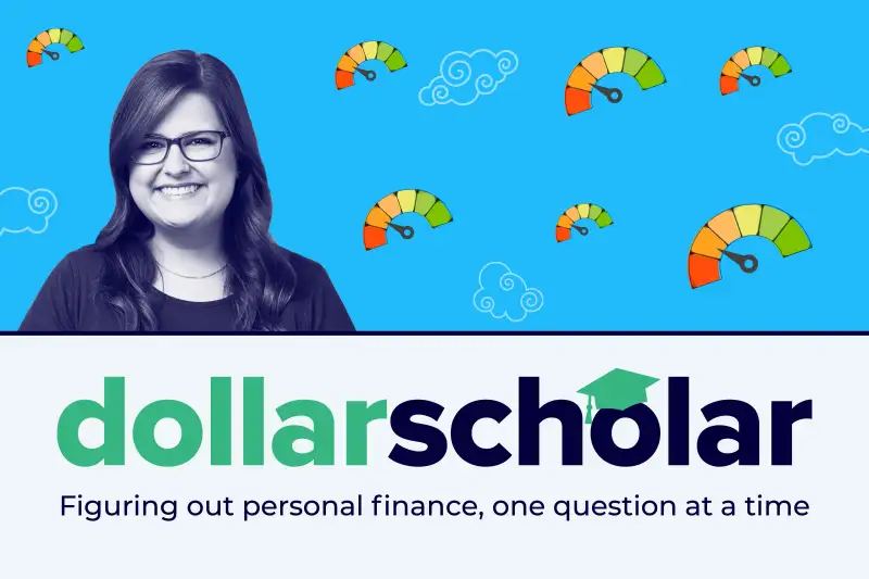 Dollar Scholar banner featuring multiple Credit Score Wheels Surrounded By Clouds