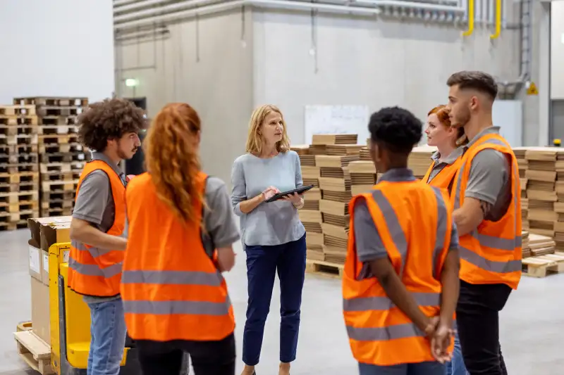 Manager holding a digital tablet discussing something with workers in a warehouse