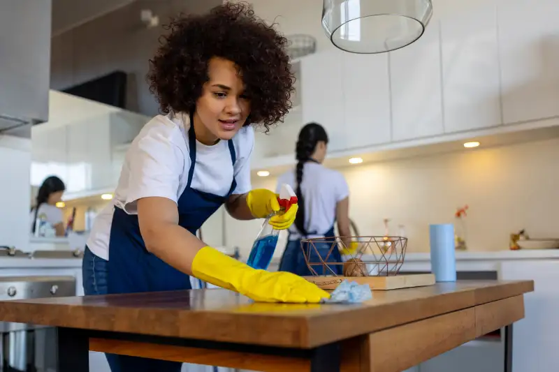 Professional cleaner cleaning a table at a house