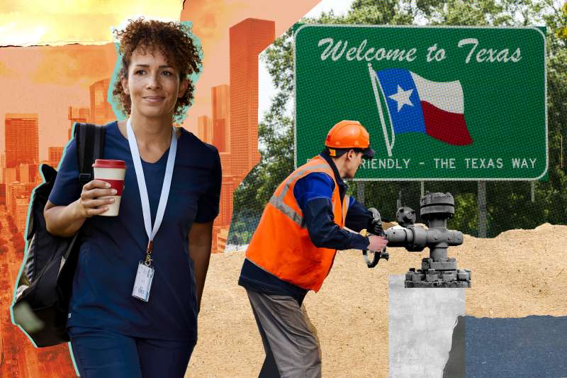 Collage of nurse and construction workers working in texas
