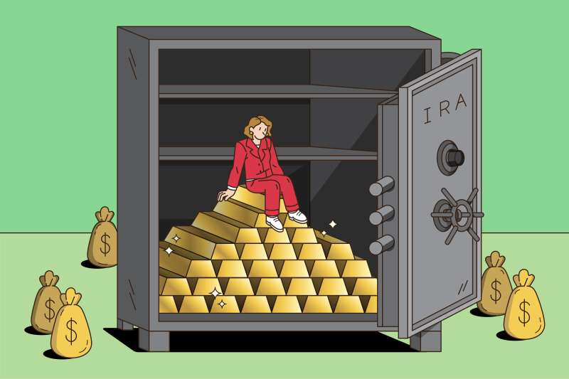Illustration of an open vault, with the words IRA on the door, filled with gold bars and a woman sitting on top of them.
