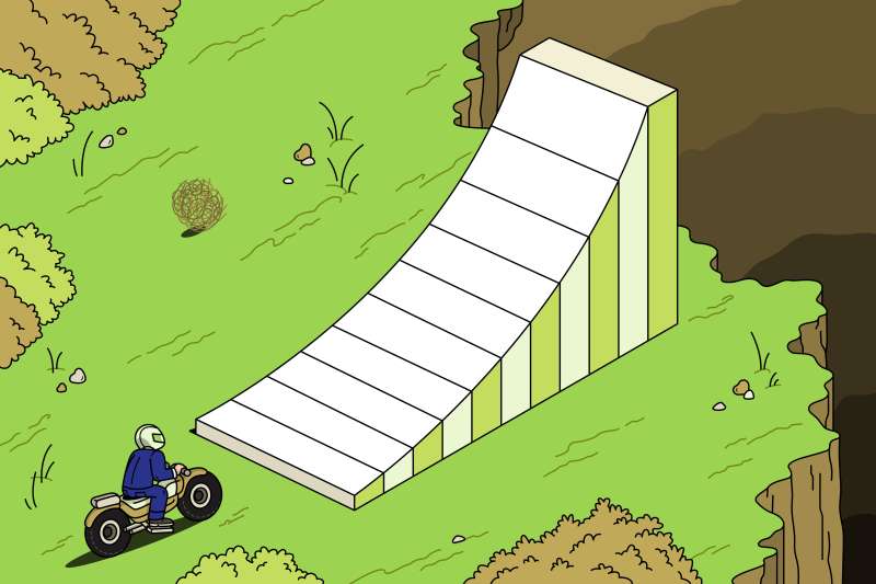 Illustration of a man riding a motorbike about to go up a ramp in-front of a cliff