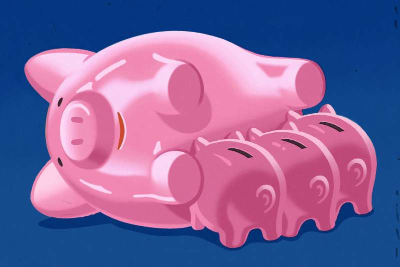 Illustration of a porcelain piggy bank feeding three smaller baby piggy banks.