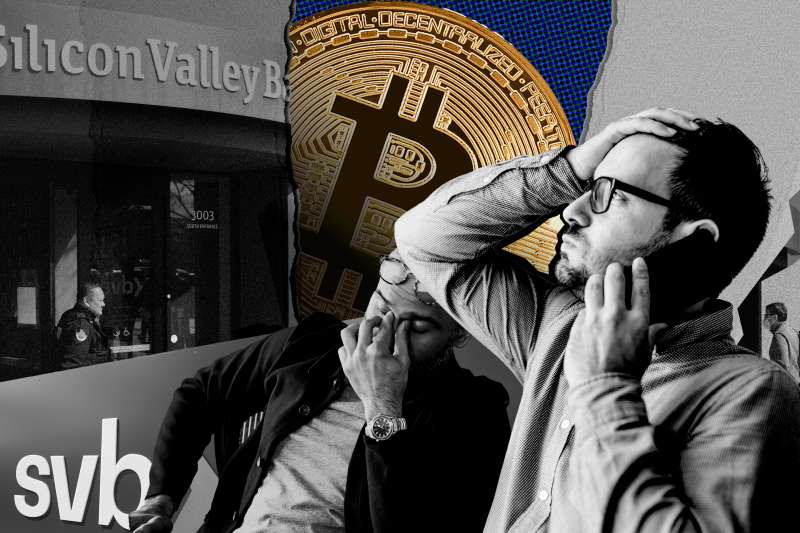 Collage of people concerned, SVB bank closing, and Bitcoin emerging in the back.