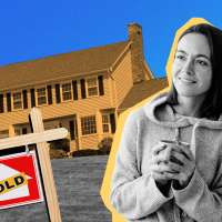 Collage of woman, sold sign, and house