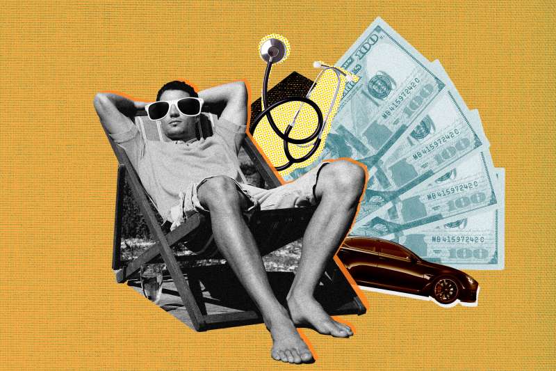 Collage of man on vacation, money, car, and medical equipment