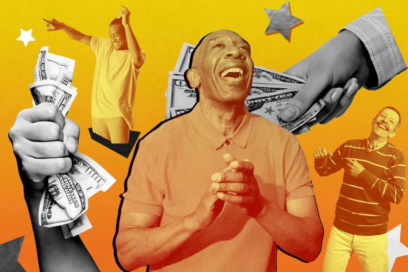Collage of people being happy and hands filled with money