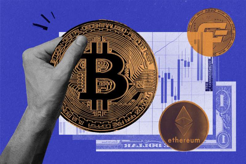Collage of 3 crypto coins with bar graph and money in the background