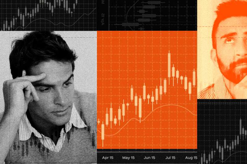 Collage of people thinking and stock graphs