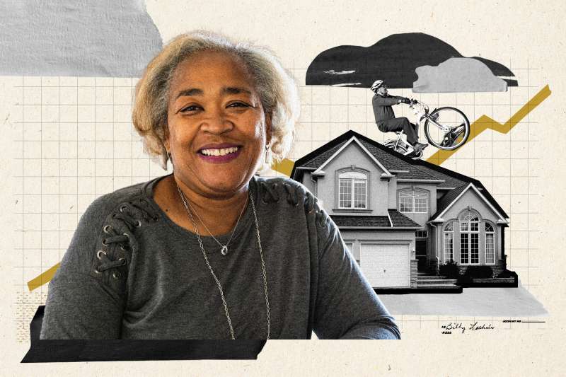 Collage of: Old woman, house, and old man on bike