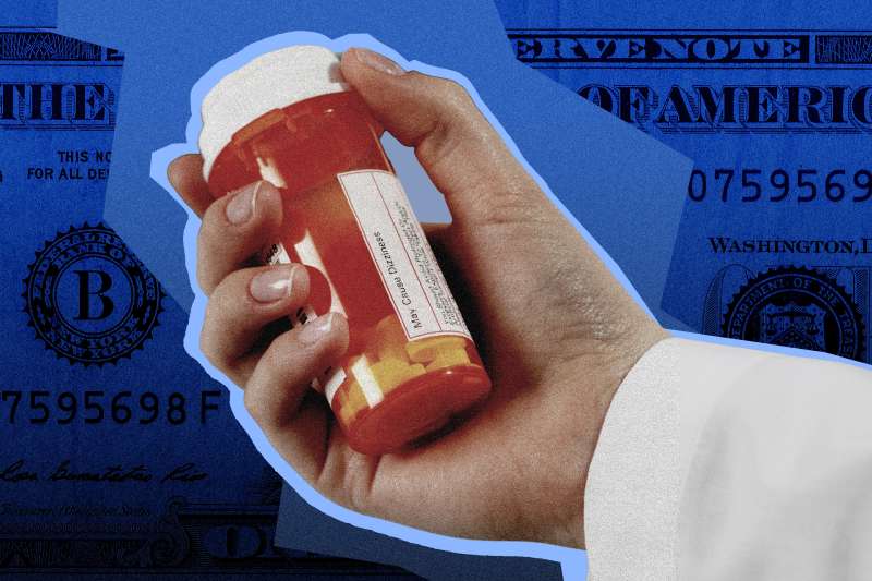 Hand holding a pill bottle with money split background