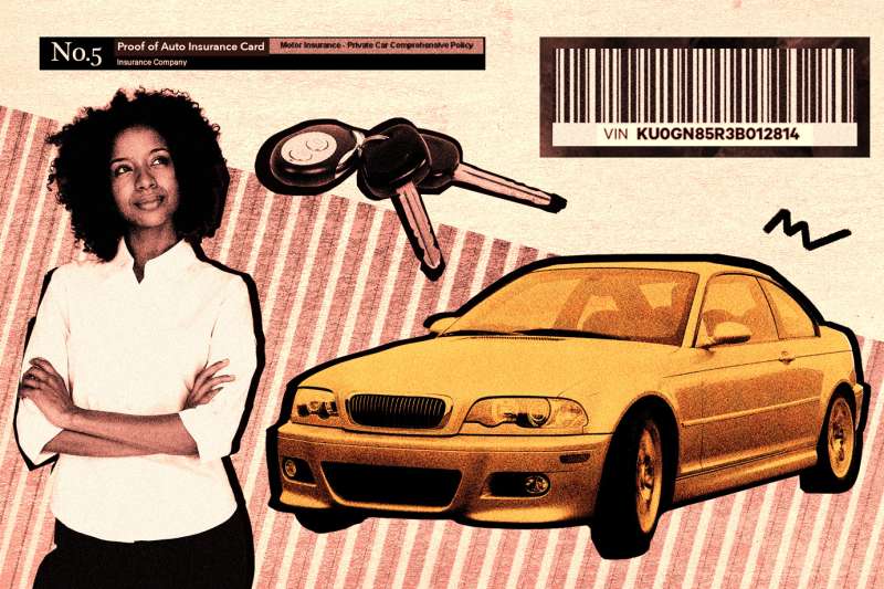 Collage of woman, car, key, and barcode