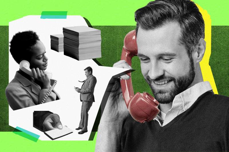 Collage of man on phone / people and business objects