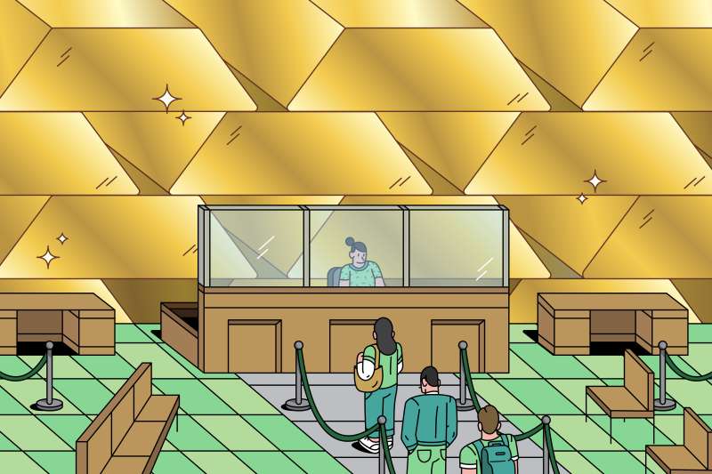 Illustration of people waiting in line at a bank to purchase big gold bars in the background