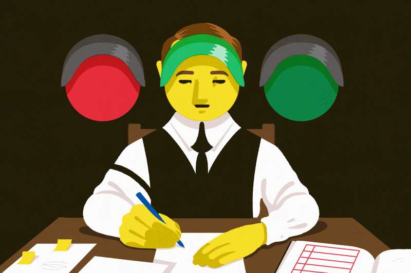 Illustration of a IRS worker, looking over tax forms, who's face is the yellow light in a traffic light