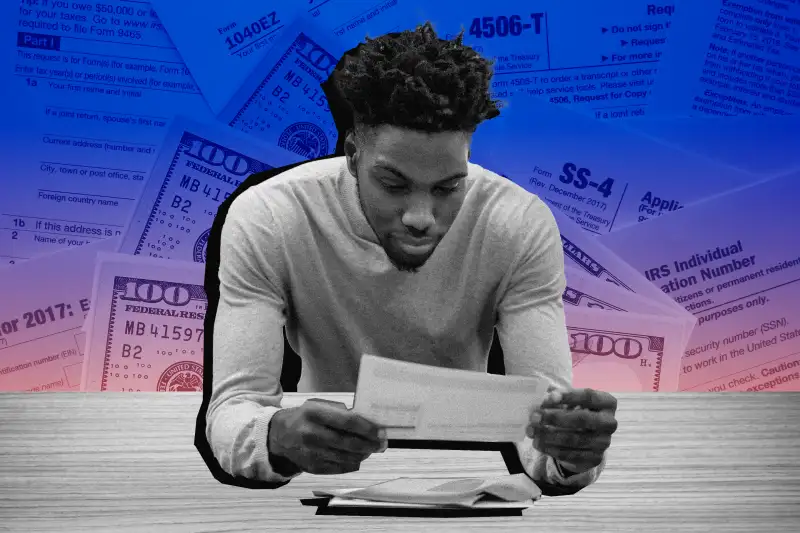 Collage of man checking his mail with taxforms and money in the background