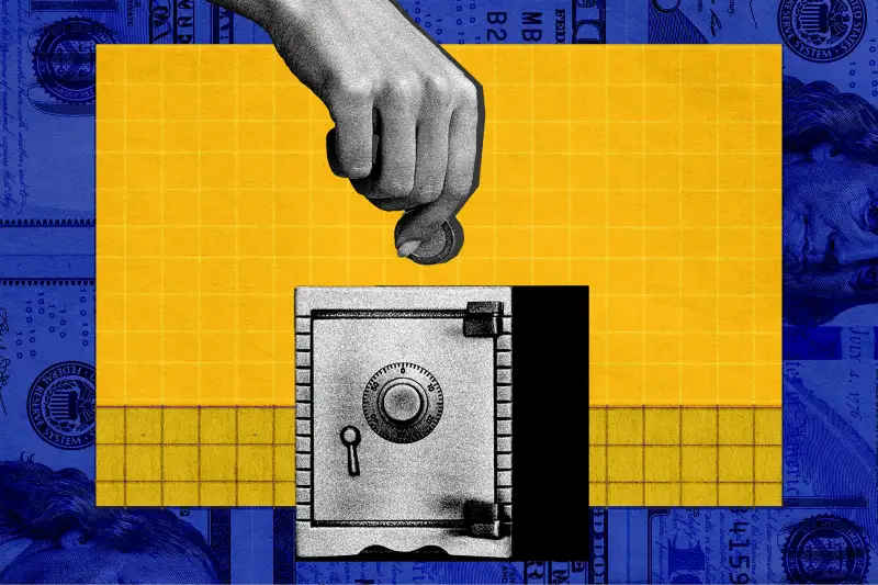 Collage of a hand putting a coin into a safe