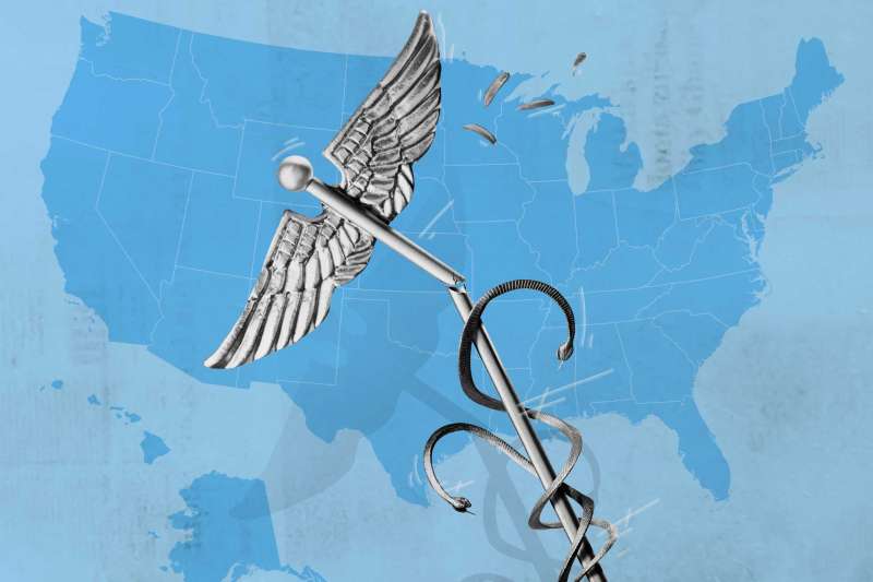 Caduceus falling over map of the united states