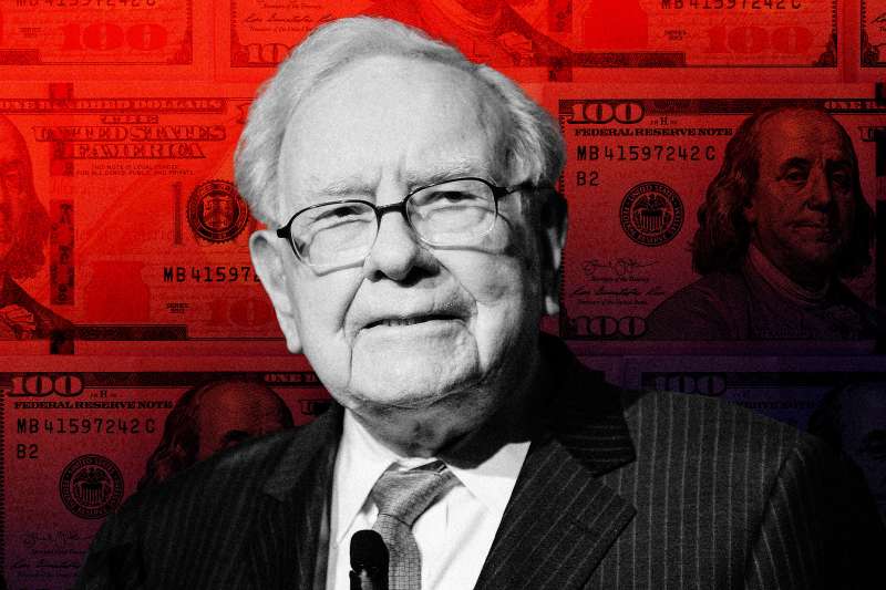 Picture of Warren Buffett over dollar bills background