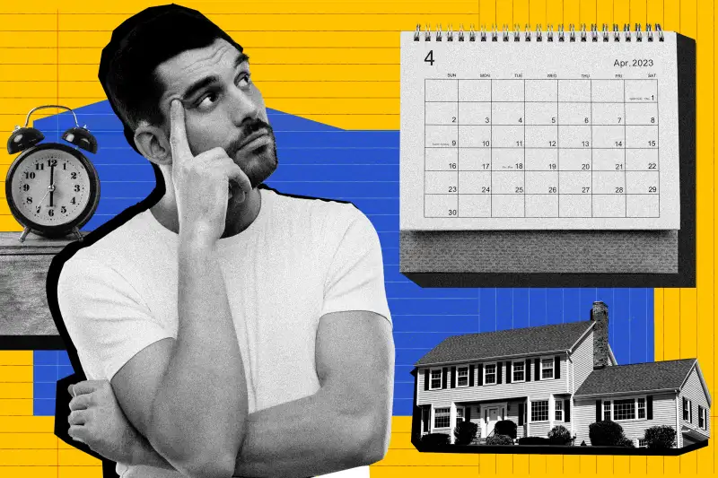 Collage of: man, house, clock and calendar