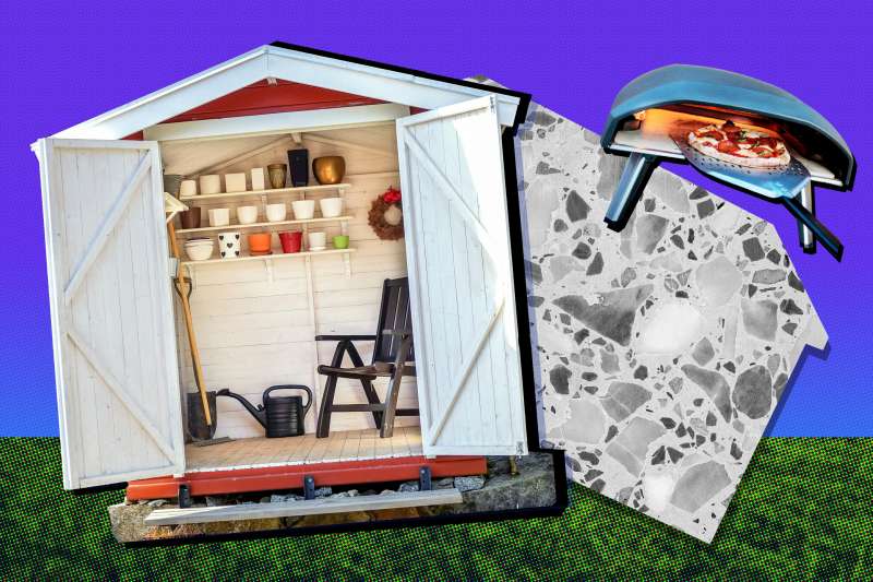 Collage of: Pizza oven, shed, countertop texture