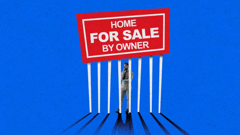 Conceptual illustration of a man stuck behind a makeshift cage made out of a for sale sign of his own home