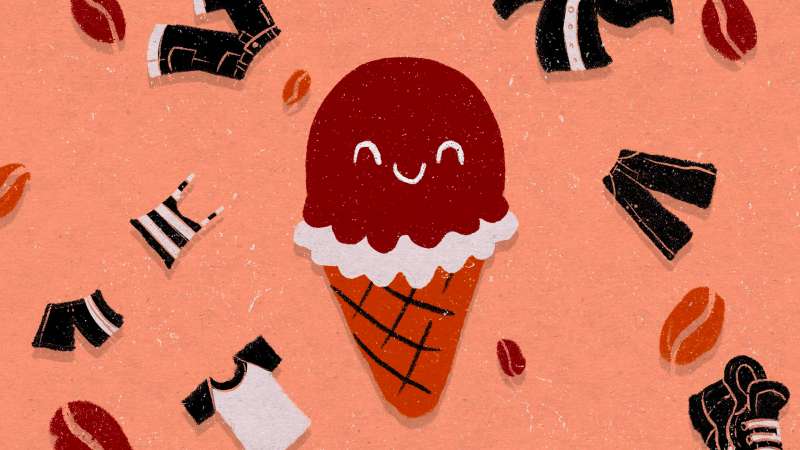 Illustration of a happy ice cream cone surrounded by clothing and coffee beans
