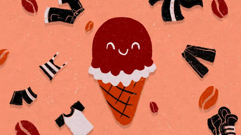 Illustration of a happy ice cream cone surrounded by clothing and coffee beans