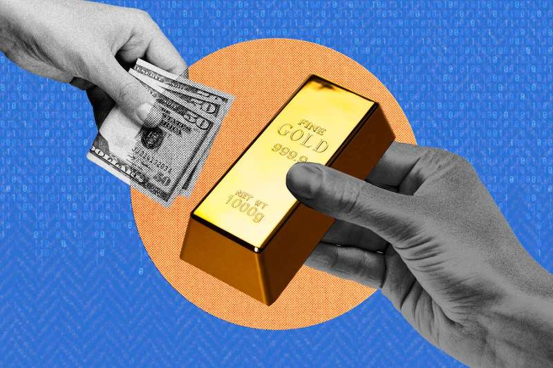 Two hands exchanging cash fro gold in a blue background. Graphic image.